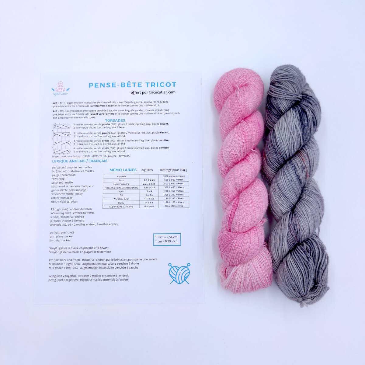 Fiche pratique et mémo pour le tricot : lexique français anglais, guide des torsades, tableau de laine